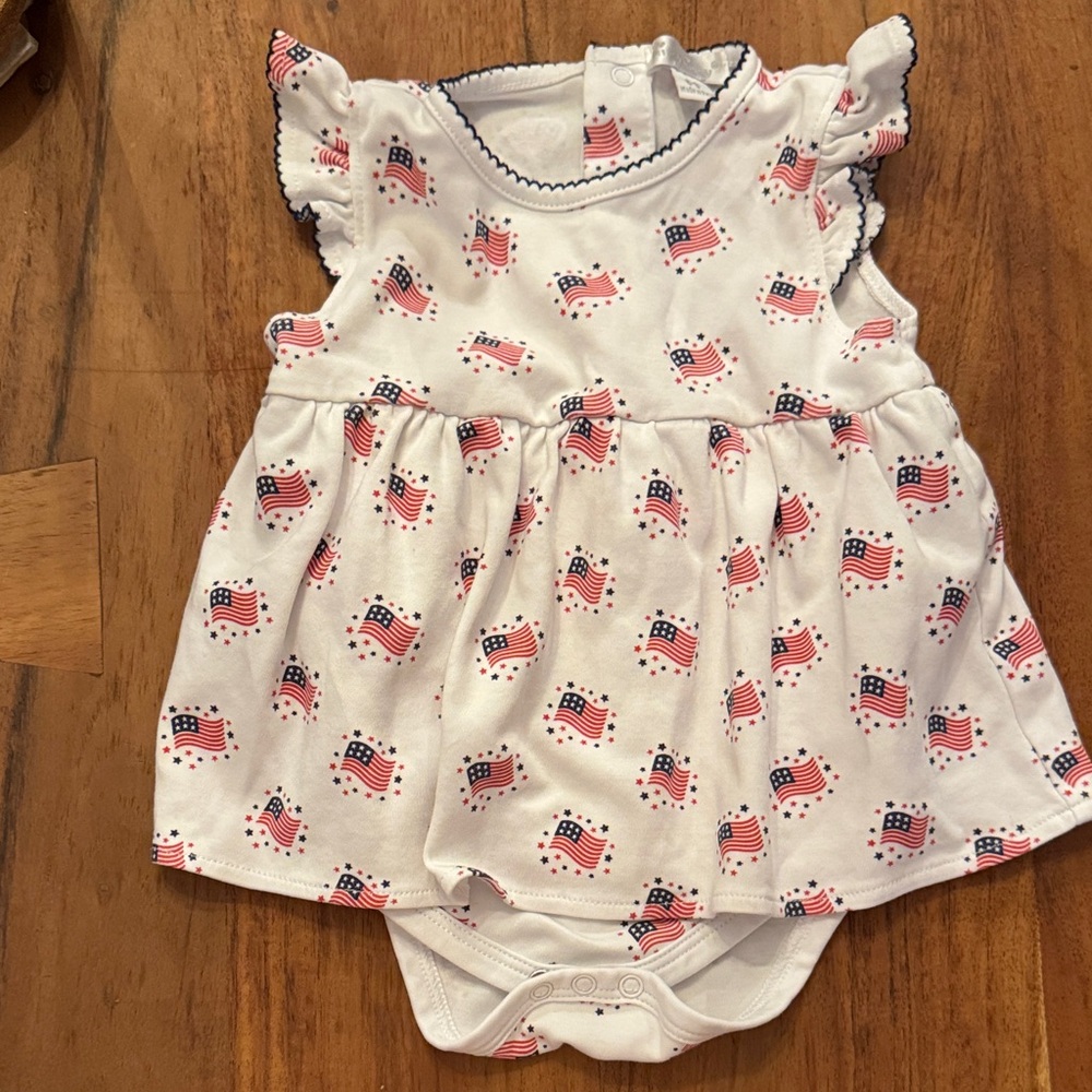 Kissy Kissy White Baby Dress with Red and Blue Flag Print